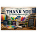 A decorative retail interior scene with large text reading 'THANK YOU We Really Appreciate You!' above paint cans, brushes, a paintbrush, a color chart, a paint roller, and a chalkboard sign in a store-like setting.