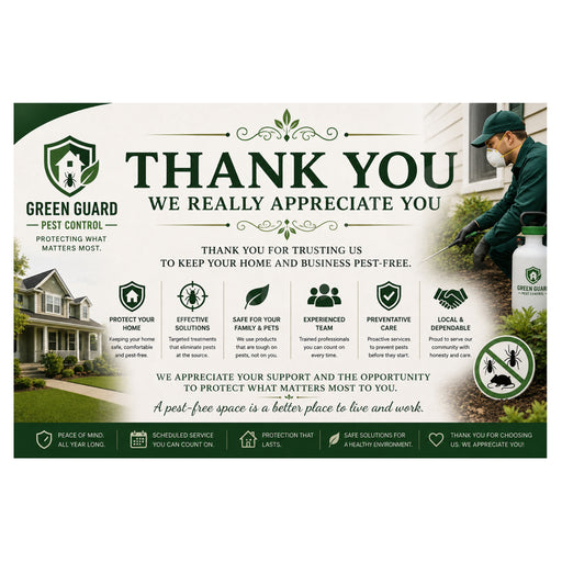A promotional thank-you card for Green Guard Pest Control, featuring large text reading 'THANK YOU WE REALLY APPRECIATE YOU,' service icons, a small photo of a pest control worker, and product imagery on a cream and dark green background.