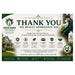 A promotional thank-you card for Green Guard Pest Control, featuring large text reading 'THANK YOU WE REALLY APPRECIATE YOU,' service icons, a small photo of a pest control worker, and product imagery on a cream and dark green background.