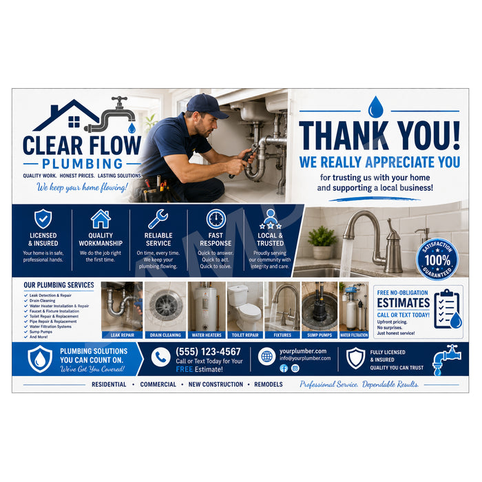 A promotional flyer or brochure for Clear Flow Plumbing, featuring a plumber working under a sink, text reading 'THANK YOU! WE REALLY APPRECIATE YOU,' service icons, plumbing service photos, and contact information.