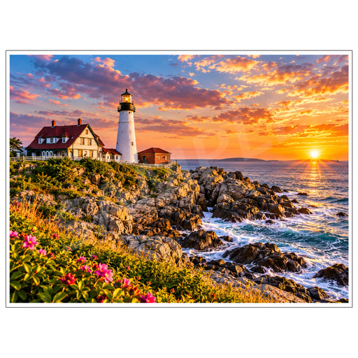Portland Head Lighthouse in Cape Elizabeth, Maine, overlooking a rocky Atlantic coastline at sunset with colorful clouds, crashing ocean waves and pink coastal wildflowers.