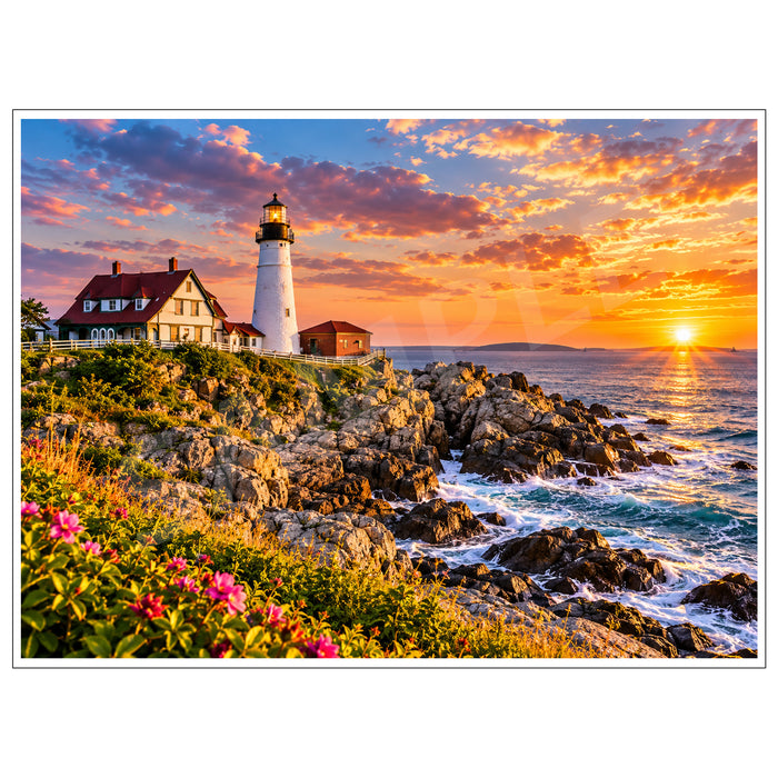 Portland Head Lighthouse in Cape Elizabeth, Maine, overlooking a rocky Atlantic coastline at sunset with colorful clouds, crashing ocean waves and pink coastal wildflowers.