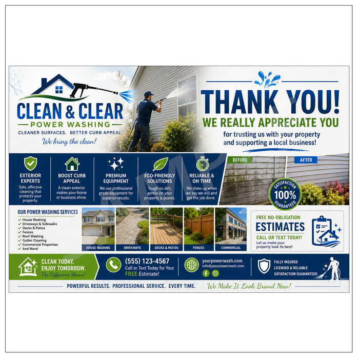 A promotional flyer or digital marketing banner for 'Clean & Clear Power Washing', featuring company branding, service descriptions, before-and-after property photos, and customer testimonials.