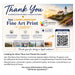 A promotional thank-you card for New Day Printers' Complimentary Fine Art Print program, featuring a lighthouse photo, text about customer appreciation, sample art previews, a QR code, and additional program details.