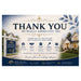 A real estate thank you card with a watercolor-style background showing a house, a real estate sign, and decorative text. The card reads 'THANK YOU WE REALLY APPRECIATE YOU' and includes sections for local expertise, trusted guidance, best value for you, smooth experience, and client focused service.