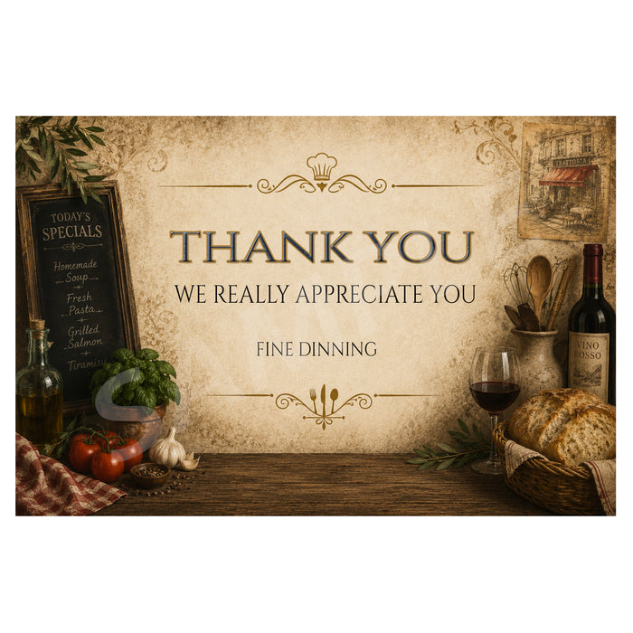 A rectangular printed sign or card with a rustic dining-themed background and the text 'THANK YOU WE REALLY APPRECIATE YOU FINE DINNING' in the center. The design includes decorative flourishes and surrounding food and drink props such as bread, wine, garlic, tomatoes, herbs, and a chalkboard menu.