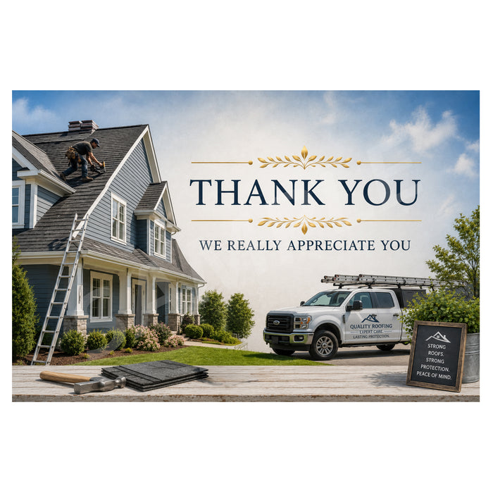 A customized house siding thank you sign featuring a photo of a house being renovated with a worker on the roof, a white service truck, and a chalkboard. The text reads 'THANK YOU WE REALLY APPRECIATE YOU' with gold decorative flourishes.