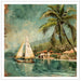 A tropical coastal scene artwork showing a sailboat on calm blue-green water, palm trees, shoreline buildings with red roofs, and a hazy sky. The image has a textured, vintage-style print appearance with a white border around it.