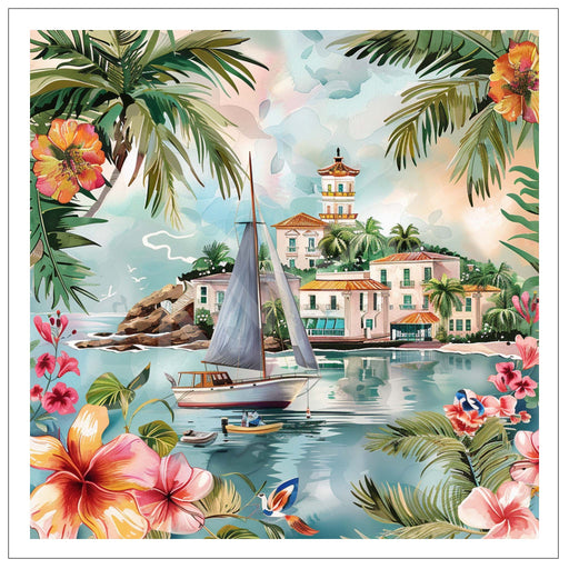 A tropical scenic illustration featuring a sailboat on calm water, a coastal villa with a pagoda-style tower, palm trees, and large pink and orange flowers framing the scene.