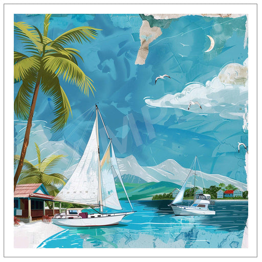 A colorful tropical beach scene artwork featuring sailboats on blue water, palm trees, mountains, clouds, and a crescent moon, presented with a white border.