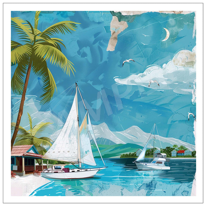 A colorful tropical beach scene artwork featuring sailboats on blue water, palm trees, mountains, clouds, and a crescent moon, presented with a white border.
