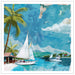 A colorful tropical beach scene artwork featuring sailboats on blue water, palm trees, mountains, clouds, and a crescent moon, presented with a white border.