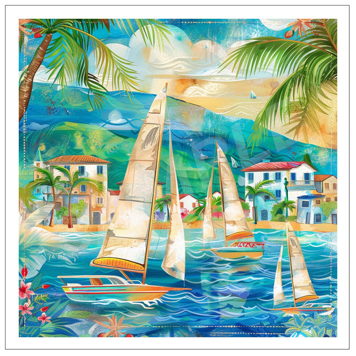 A colorful tropical coastal scene artwork showing sailboats on blue water, palm trees, beachfront houses, and mountains in the background, presented with a white border.