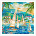 A colorful tropical coastal scene artwork showing sailboats on blue water, palm trees, beachfront houses, and mountains in the background, presented with a white border.