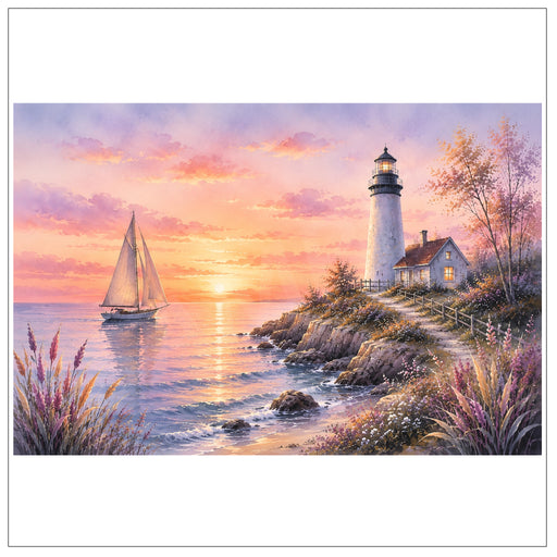 A scenic coastal artwork showing a white lighthouse beside a small house on a rocky shoreline at sunset, with a sailboat on the water and pink, purple, and orange sky. The scene is presented with a white border.