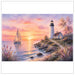 A scenic coastal artwork showing a white lighthouse beside a small house on a rocky shoreline at sunset, with a sailboat on the water and pink, purple, and orange sky. The scene is presented with a white border.