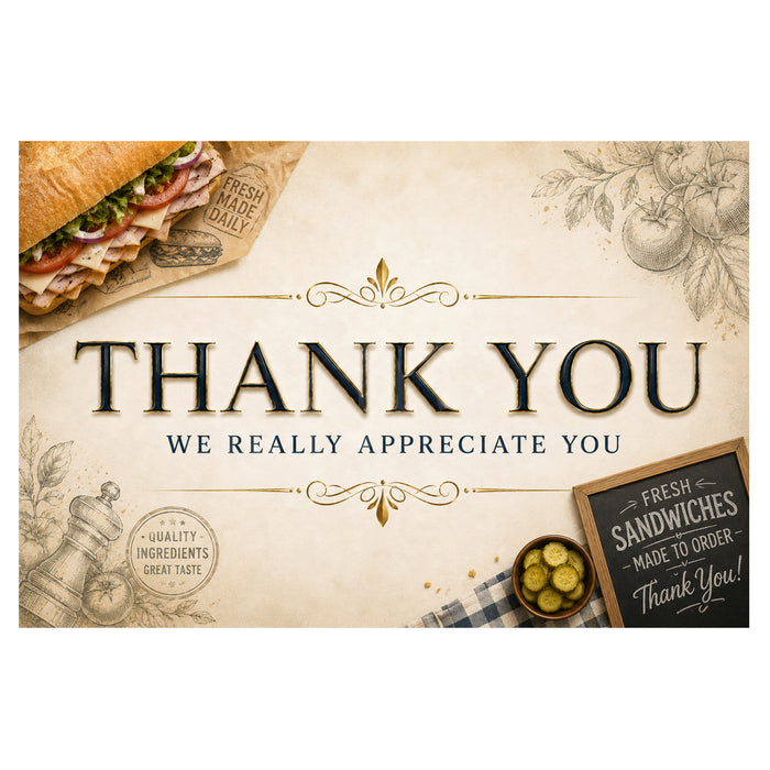A square sandwich shop sign or greeting card design with a warm beige parchment-style background, large black text reading 'THANK YOU' and smaller text 'WE REALLY APPRECIATE YOU.' Decorative food illustrations include a sandwich in the top left, tomatoes and herbs in the top right, a pepper mill on the lower left, and a small chalkboard sign on the lower right.