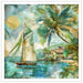 A tropical beach scene artwork featuring a sailboat on turquoise water, palm trees, a green villa, and a soft painterly sky with a hot air balloon.
