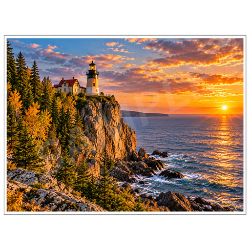 Split Rock Lighthouse overlooking Lake Superior in Minnesota at sunset, with a glowing lighthouse beacon, towering rocky cliffs, autumn foliage, evergreen forests and golden reflections on the water.
