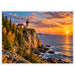 Split Rock Lighthouse overlooking Lake Superior in Minnesota at sunset, with a glowing lighthouse beacon, towering rocky cliffs, autumn foliage, evergreen forests and golden reflections on the water.
