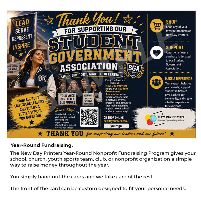 A fundraising card template for the Student Government Association, featuring a dark blue and gold design with text, icons, and a photo of a smiling woman holding a sign. The card is shown with a white background and descriptive text below.