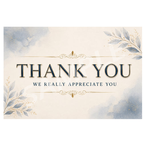 A square thank you card with a cream background, watercolor-style blue and gray floral corners, and elegant gold decorative flourishes. The text reads “THANK YOU” in large serif letters, with “WE REALLY APPRECIATE YOU” below in smaller serif text.