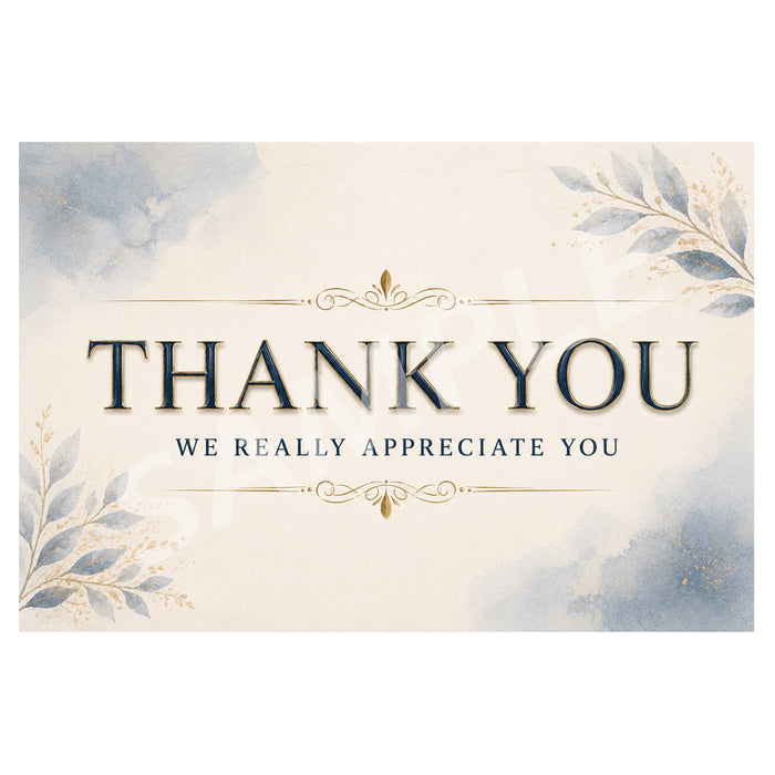 A square thank you card with a cream background, watercolor-style blue and gray floral corners, and elegant gold decorative flourishes. The text reads “THANK YOU” in large serif letters, with “WE REALLY APPRECIATE YOU” below in smaller serif text.
