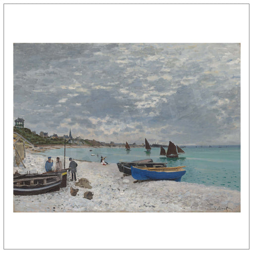 Impressionist Claude Monet's beach painting with small boats on a pale shore, turquoise water, distant sailboats, and a cloudy sky, shown with a white border.