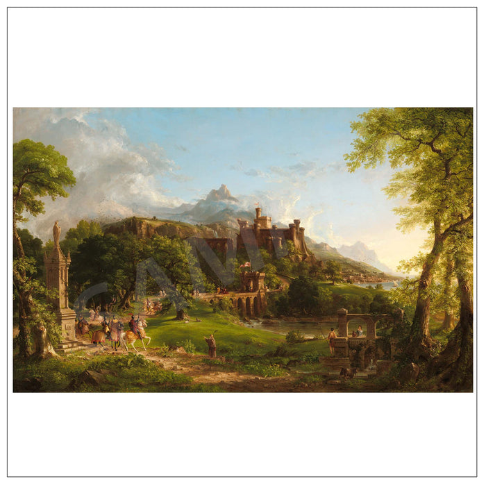 A classical landscape painting depicting a hillside castle or ruins surrounded by lush green trees and grass, with small figures of people in the foreground and a cloudy blue sky above.