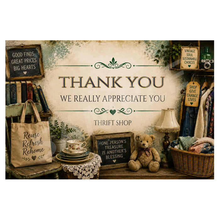 A rustic vintage-style doormat or sign featuring the text 'THANK YOU WE REALLY APPRECIATE YOU' and 'THRIFT SHOP' in the center, surrounded by a cozy antique shop scene with a teddy bear, basket, books, and signs.