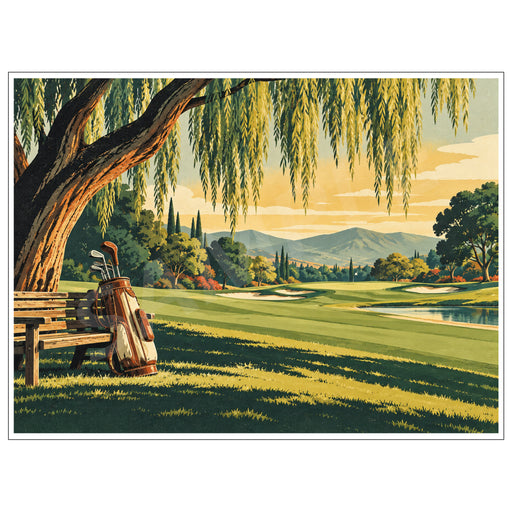 Vintage-style golf artwork featuring a classic golf bag beneath a willow tree overlooking a fairway, water and distant mountains.
