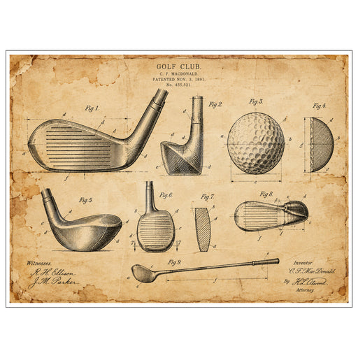Vintage patent-inspired golf artwork featuring technical drawings of golf club heads, a golf ball and golf club on aged parchment.