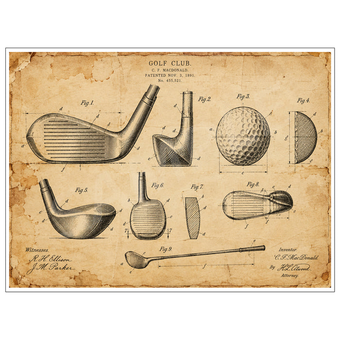 Vintage patent-inspired golf artwork featuring technical drawings of golf club heads, a golf ball and golf club on aged parchment.