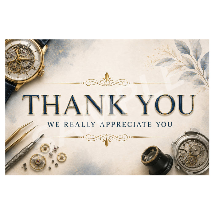 A square graphic with the words 'THANK YOU WE REALLY APPRECIATE YOU' in large navy lettering, surrounded by vintage-style objects including a watch, tweezers, a camera lens, and small mechanical parts on a light textured background.