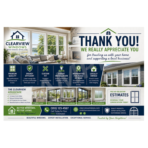 A promotional thank-you flyer for Clearview Windows, featuring a large 'THANK YOU!' headline, photos of modern homes with large windows, feature icons, and an 'Estimates' section at the bottom.
