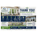A promotional thank-you flyer for Clearview Windows, featuring a large 'THANK YOU!' headline, photos of modern homes with large windows, feature icons, and an 'Estimates' section at the bottom.