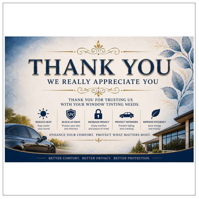 A promotional thank-you graphic for window tinting services, featuring large navy text reading 'THANK YOU WE REALLY APPRECIATE YOU' on a cream background with blue decorative leaves, a car, and house imagery along the bottom.