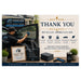 A promotional graphic for Clear View Window Tint featuring a man applying film to a car window, with a framed sample, folded film, and a branded cup on a table. The right side includes a beige panel with the words 'THANK YOU', service icons, and text about privacy and comfort.