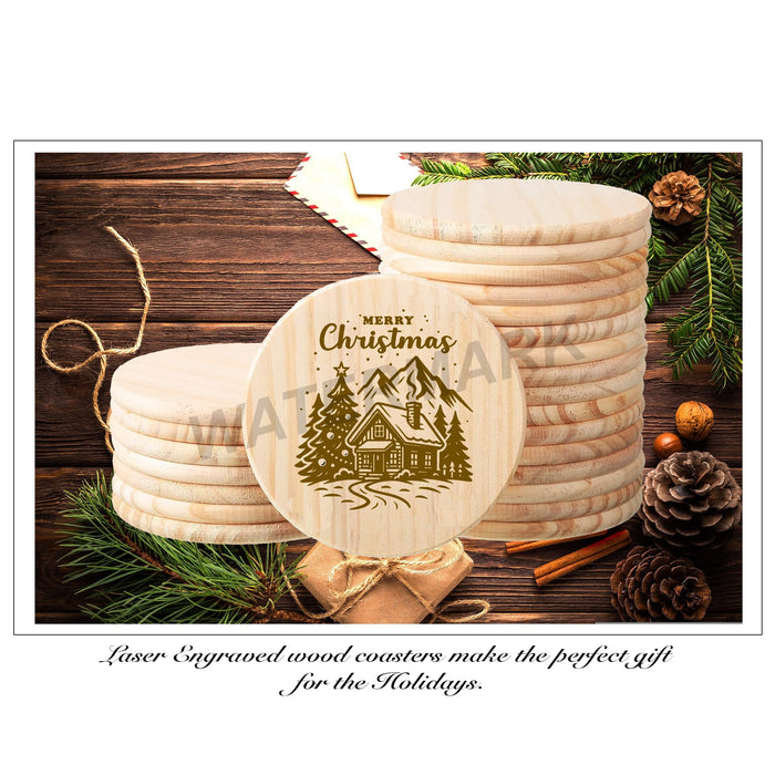 Merry Christmas Mountains Wood Coaster