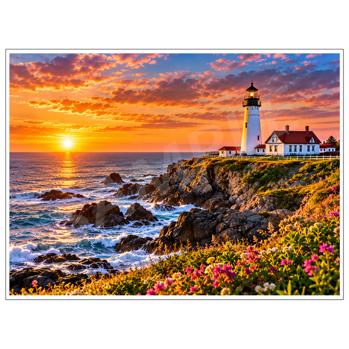 Artistic depiction of Yaquina Head Lighthouse near Newport, Oregon, at sunset, with a white lighthouse overlooking rocky Pacific Ocean cliffs, crashing waves, pink wildflowers and a vibrant orange sky.