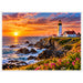 Artistic depiction of Yaquina Head Lighthouse near Newport, Oregon, at sunset, with a white lighthouse overlooking rocky Pacific Ocean cliffs, crashing waves, pink wildflowers and a vibrant orange sky.